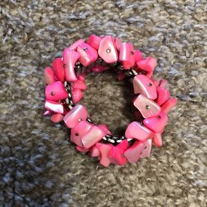 Chunky Hot Pink Accordion Stretchy Silver Bracelet